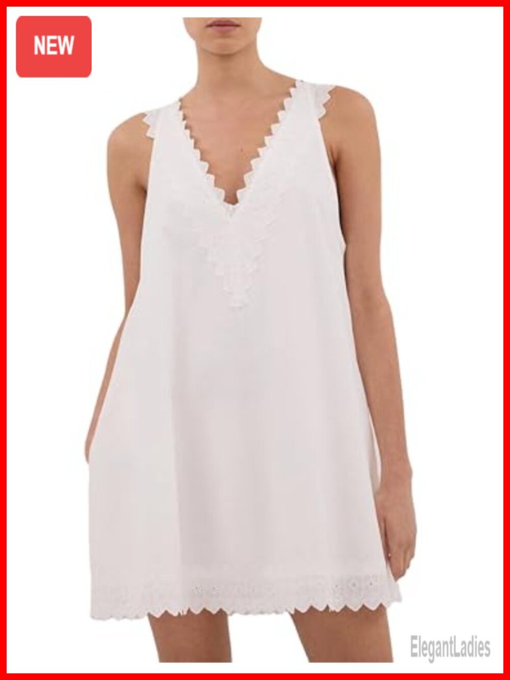 Women Lace Trim Mini Dress Sleeveless V Neck Shift Sundress